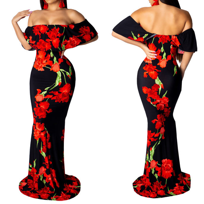 Seindeal Maternity Bodycon Dress Sunflower Rose Printed Off Shoulder Ruffle Mermaid Maxi Dresses