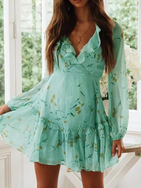 Flowers Tie Back Ruffle V-neck Long Sleeve Honey Girl Maternity Mini Dress