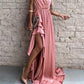 Solid Color Pleated Side Slit V-Neck Spaghetti Straps Maxi Dresses Women Fashion Elegant Dress