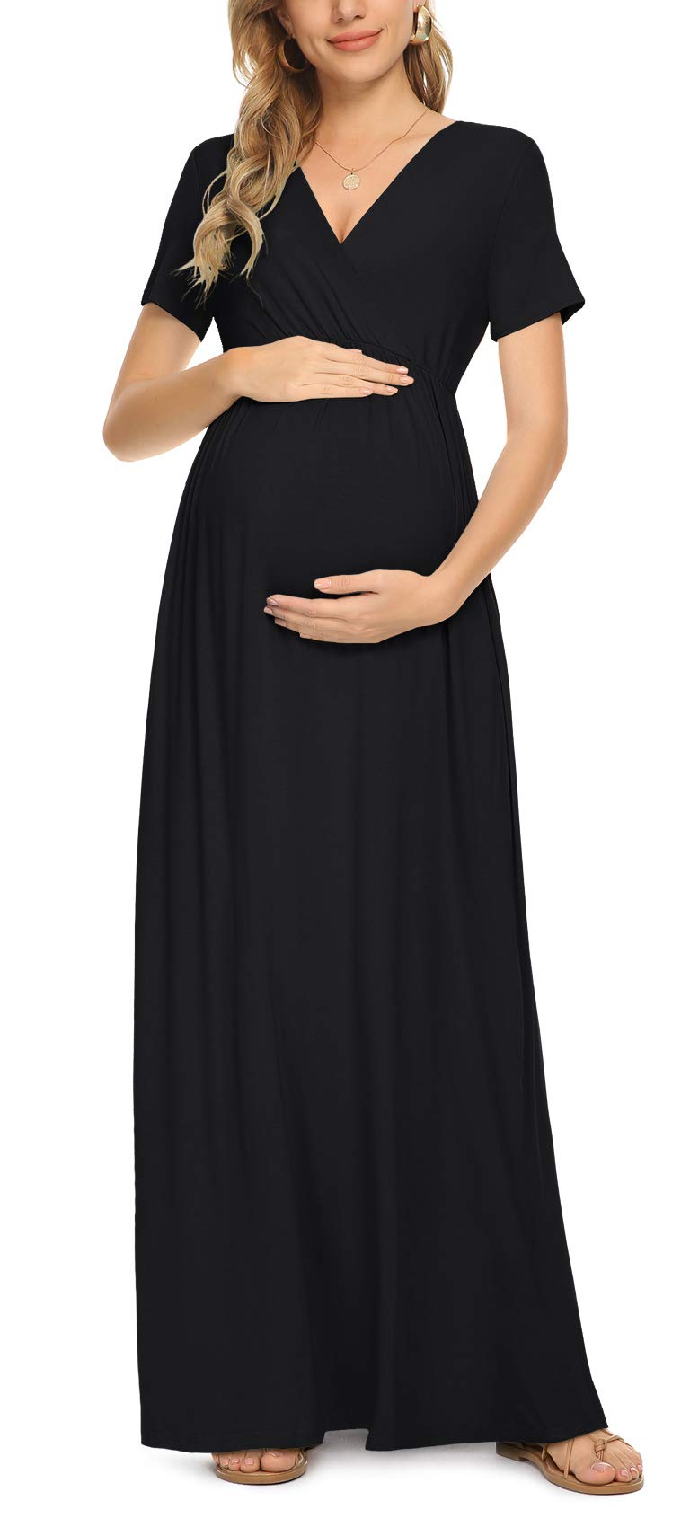 Seindeal Draped V-neck Short Sleeve Elegant Maxi Maternity Dress