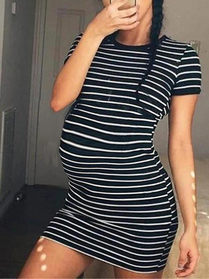 Striped Bodycon Round Neck Short Sleeve Maternity Cute Mini Dress