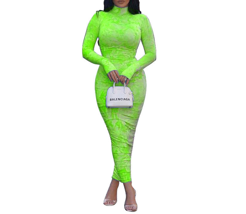 Seindeal Fashion Maxi  Plus Size Maternity Bodycon Dress Tie Dye High Neck Long Sleeve Design