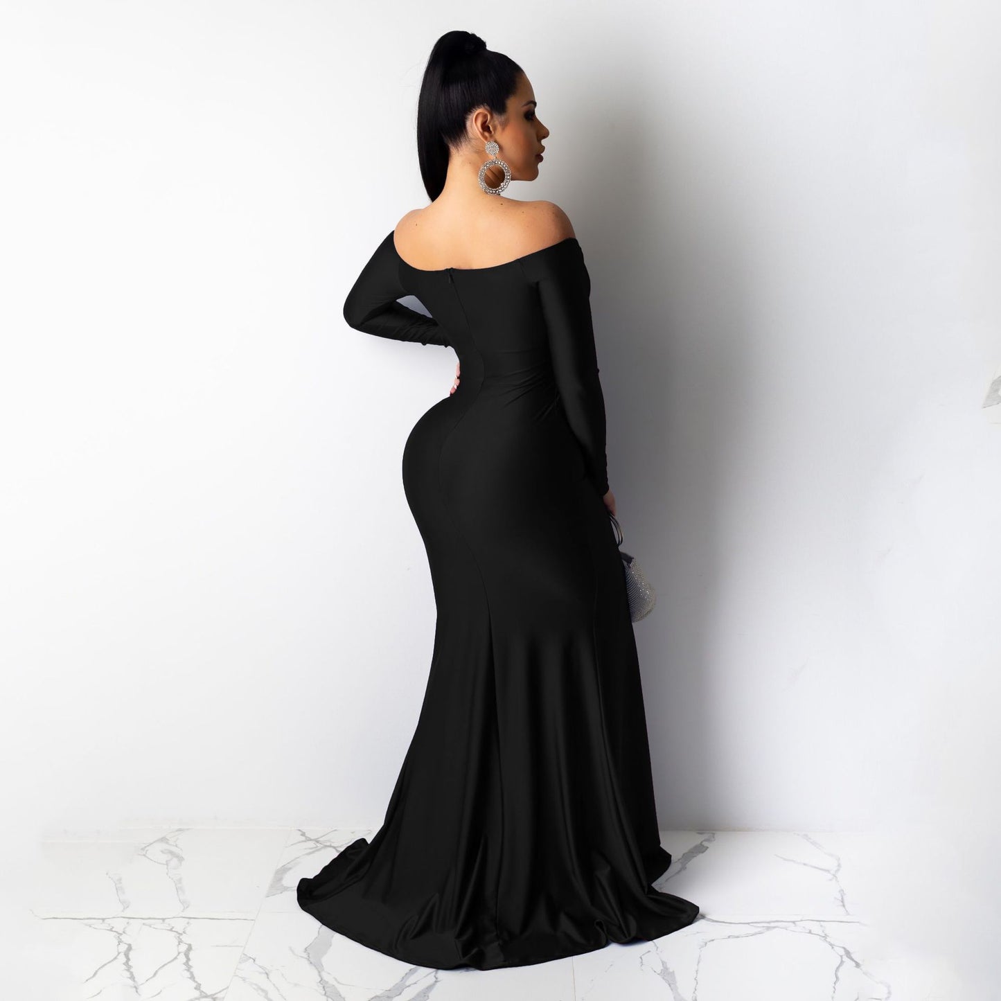 Seindeal Off Shoulder Fitted Slit V-neck Long Sleeve Banquet Maternity Maxi Dress