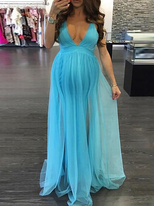 Seindeal Mesh V-neck Backless Going Out Baby Shower Maternity Dress Photoshoot High Slip Cut Design