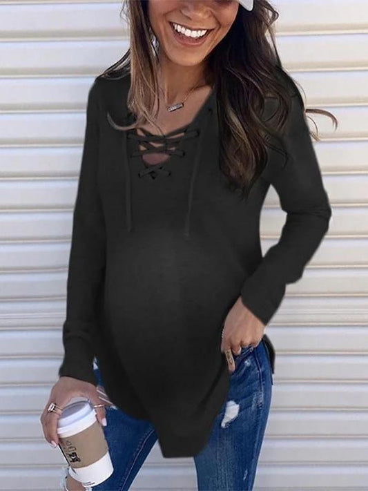 Solid Color Drawstring Lace Up Irregular Collar Long Sleeve Cute Maternity T-shirt