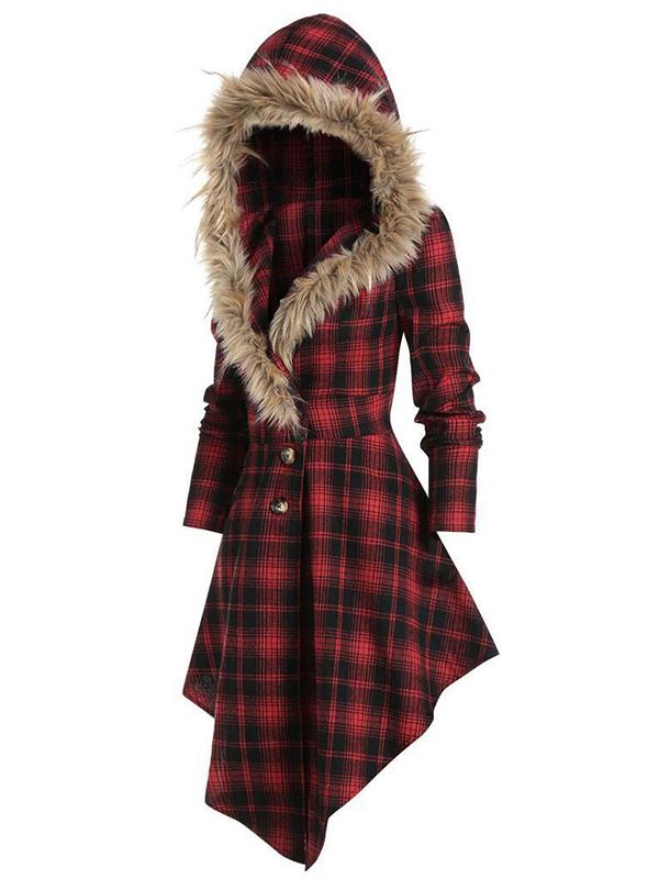 Plaid Fur Hoodie Buttons Long Sleeve Maternity Coat