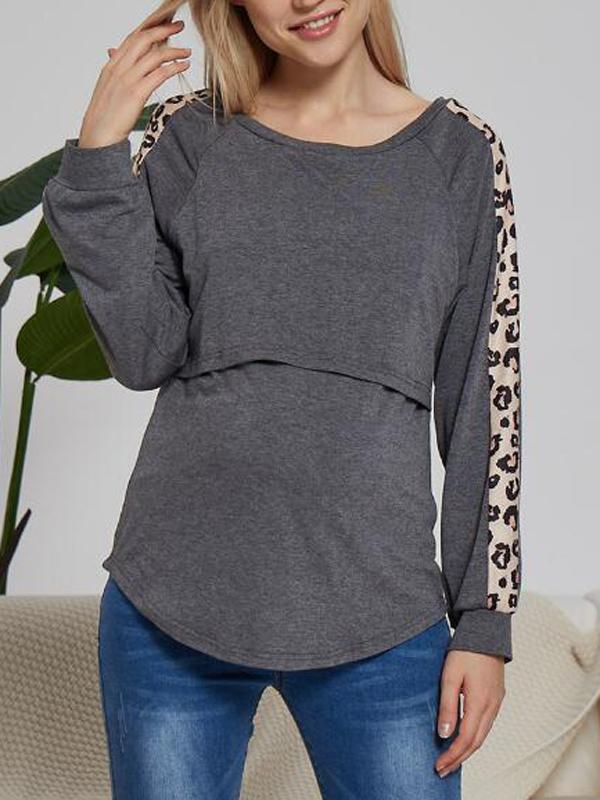 Seindeal Patchwork Leopard Print Nursing Breast-feeding Maternity T-shirt