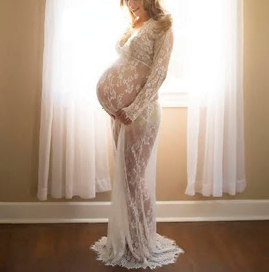 Seindeal Lace Long Sleeve Sheer Cover Up Plus Size Maxi Maternity Photoshoot Dress WhiteHalloween