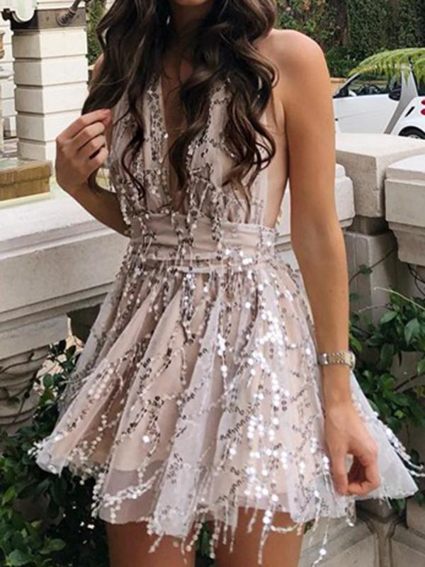 Seindeal Apricot Solid Color Sequins Backless Deep V Neck Sleeveless Women Mini Dresses Party Dress Sequin Dress Ball Gown