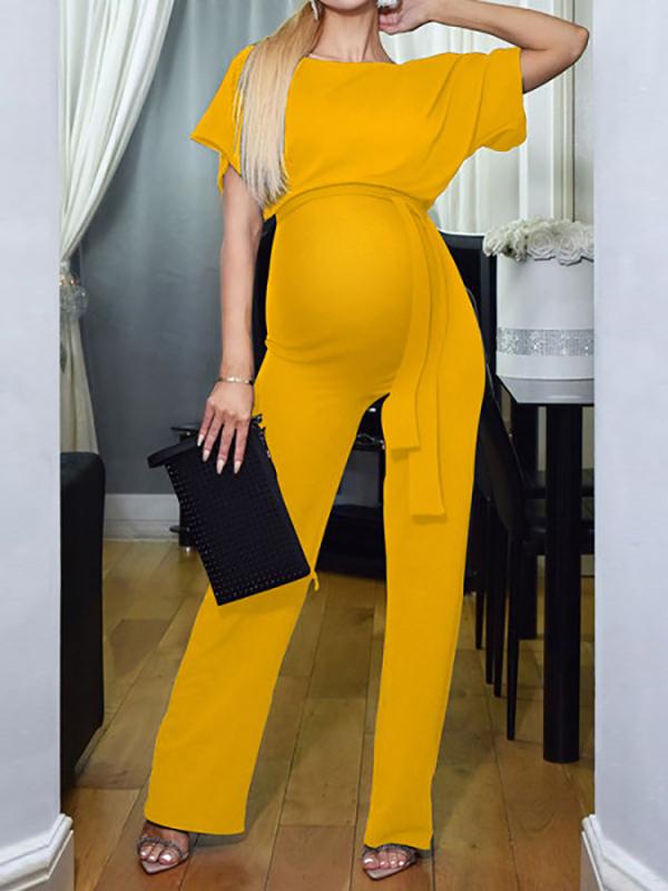 Seindeal Solid Wide Leg Palazzo Pants Belt One Piece Long Maternity Jumpsuit for Workwear