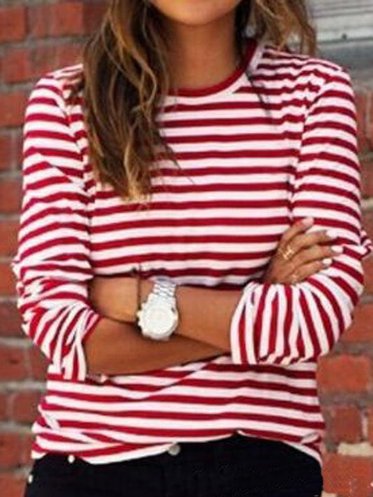 Red and White Striped Long Sleeve Round Neck Fall Casual T-Shirt Sweater Sweatshirt For Women