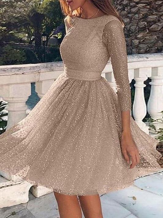 Seindeal Glitter Mesh Pleated Backless Round Neck Long Sleeve Midi Dress Cocktail Dress Ball Gown Women Fashion