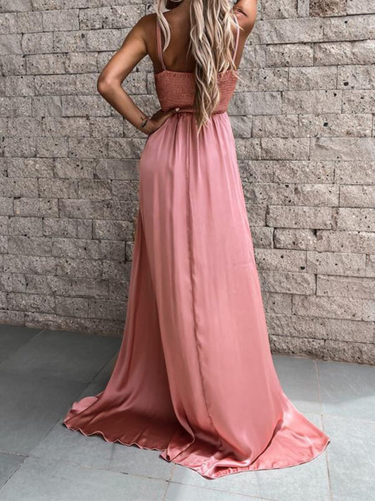 Solid Color Pleated Side Slit V-Neck Spaghetti Straps Maxi Dresses Women Fashion Elegant Dress