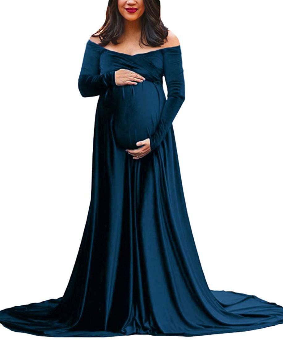 Seindeal Pleuche Off Shoulder Long Sleeve Babyshower Mermaid Maternity Dress