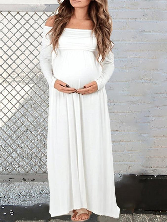 Seindeal Ruched Off Shoulder Draped Long Sleeve Maternity Maxi Dress