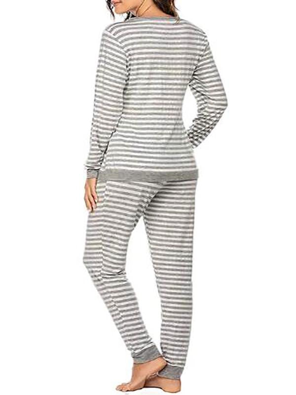 Striped Round Neck Long Sleeve Nursing Maternity Long Pajama Set