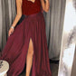 Wine Red Solid Color Side Slit Lace Off Shoulder V-Neck Spaghetti Straps Women Maxi Dresses Party Dress Ball Gown