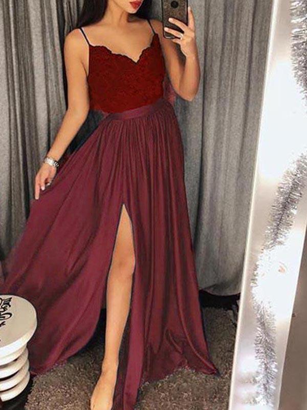 Wine Red Solid Color Side Slit Lace Off Shoulder V-Neck Spaghetti Straps Women Maxi Dresses Party Dress Ball Gown