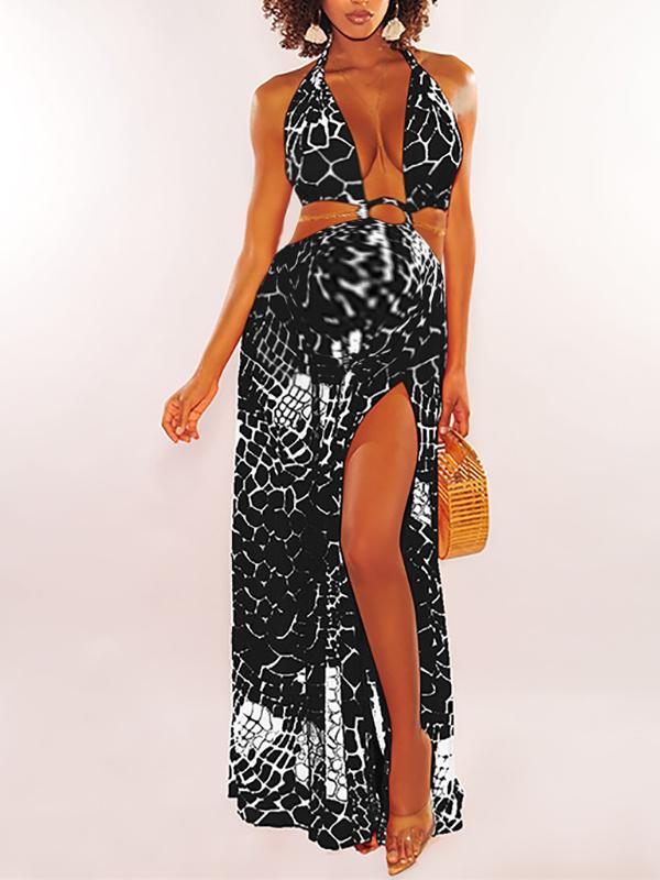 Patchwork Cut Out Slit Tie Back Backless Flowy Floor Length Plunging Neckline Maternity Maxi Dress