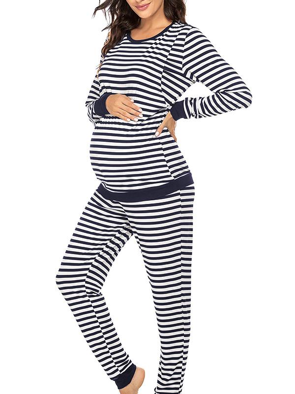 Striped Round Neck Long Sleeve Nursing Maternity Long Pajama Set