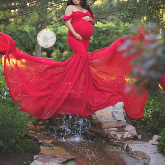 Seindeal Flowy Chiffon Draped Off-shoulder Baby Shower Red Maternity Dresses for Photoshoot