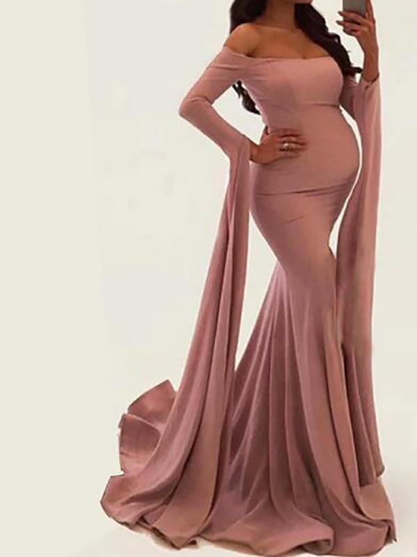 Solid Color Off Shoulder Bodycon Wavy Edge Babyshower Maternity Maxi Dress