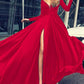 Pleated Side Slit V Neck Long Sleeve Women Maxi Dresses Elegant Dress Evening Dress