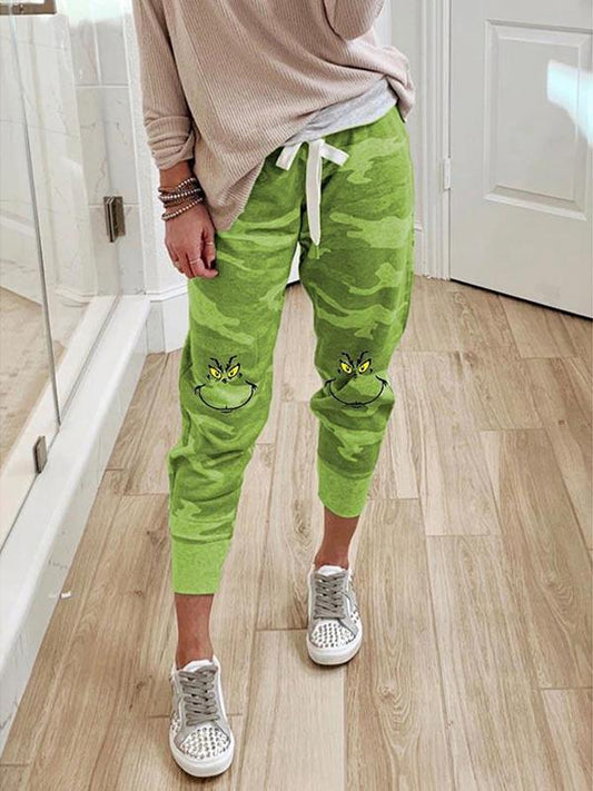 Camouflage Grinch Drawstring Smiley Christmas Maternity Casual Long Pants