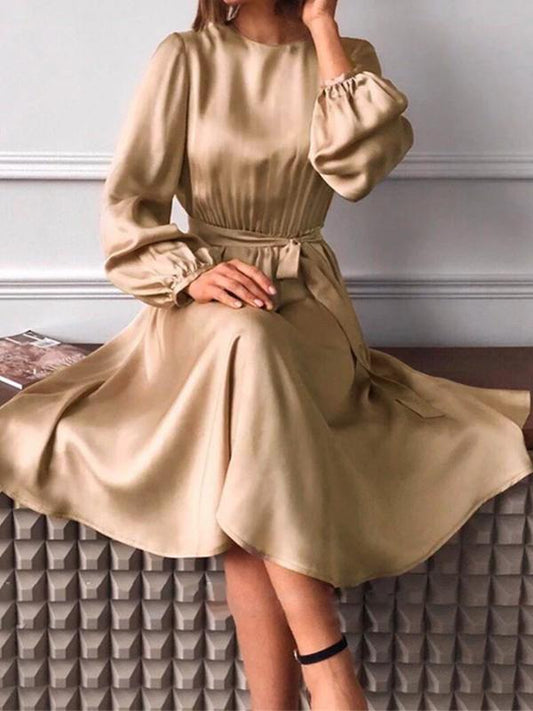 Solid Color Belt Round Neck Long Sleeve Midi Dresses Women Fashion Elegant Dress