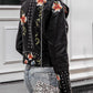 Black Floral Rivet Zipper Turn Down Collar Long Sleeve Women Jackets Leather Jacket Biker Jacket