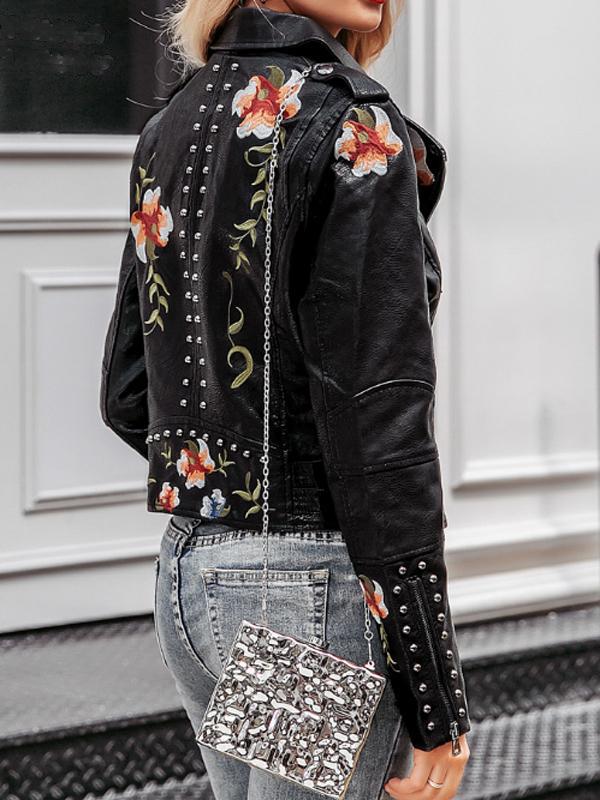 Black Floral Rivet Zipper Turn Down Collar Long Sleeve Women Jackets Leather Jacket Biker Jacket