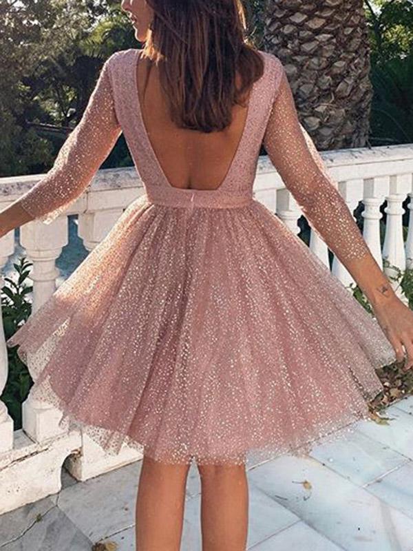 Seindeal Glitter Mesh Pleated Backless Round Neck Long Sleeve Midi Dress Cocktail Dress Ball Gown Women Fashion