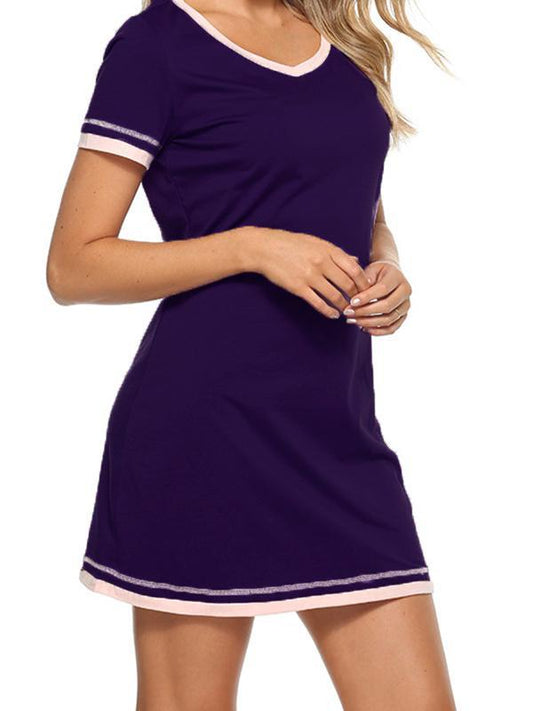 Patchwork Round Neck Short Sleeve Maternity Pajamas Casual Mini Dress