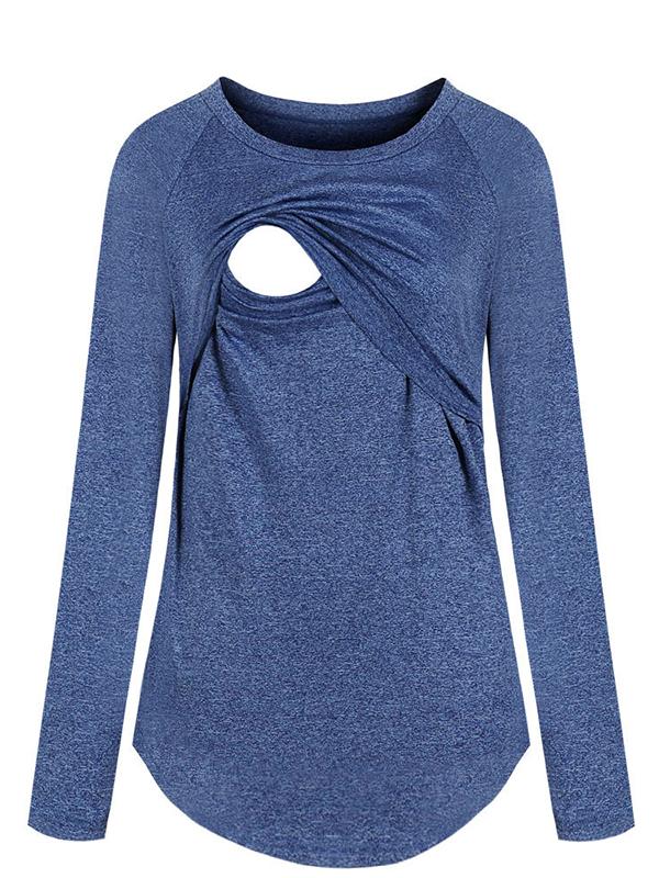 Seindeal Solid Round Neck Long Sleeve Nursing Maternity T-Shirt