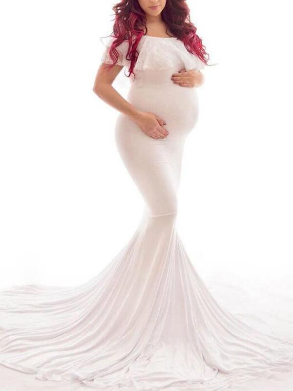 Patchwork Lace Ruffle Off Shoulder Mermaid Bodycon Maternity Dress