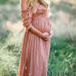 Seindeal Best Ruffle Off Shoulder Draped Boho Baby Shower Maternity Maxi Dress Pink Plain