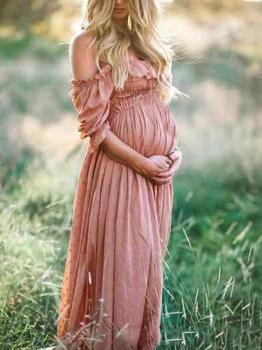 Seindeal Best Ruffle Off Shoulder Draped Boho Baby Shower Maternity Maxi Dress Pink Plain