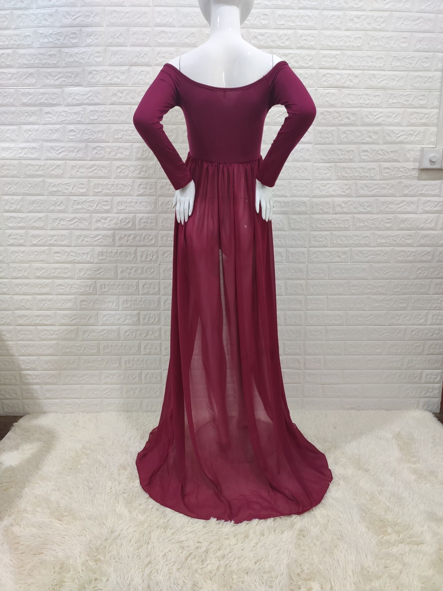 Seindeal Chiffon Draped Off-shoulder Long Sleeve Elegant Maternity Maxi Dress