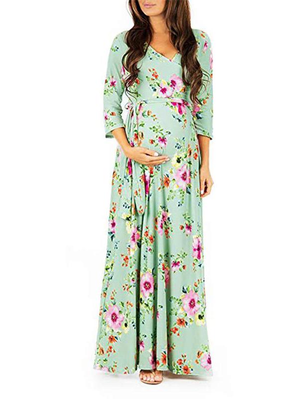 Momnfangcy Floral Belt V-neck Three Quarter Length Sleeve Casual Maternity Maxi Dress