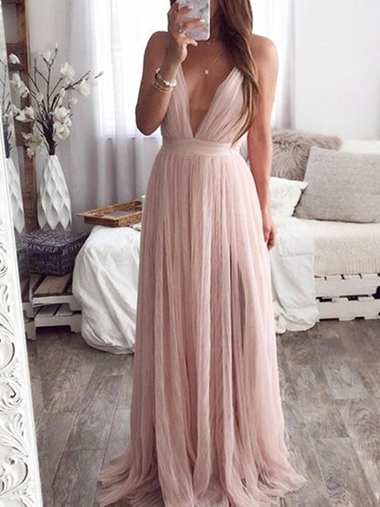 Backless Deep V-Neck Spaghetti Straps Women Maxi Dresses Tulle Dress Evening Dress Ball Gown