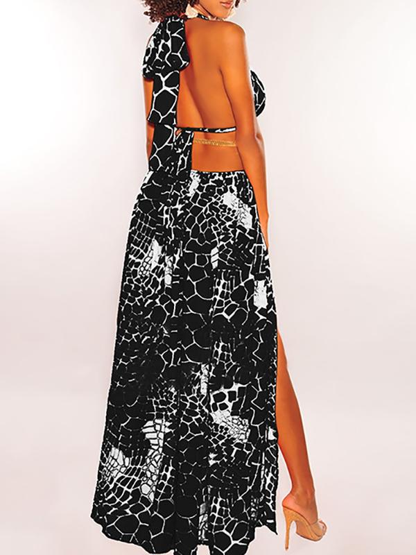 Patchwork Cut Out Slit Tie Back Backless Flowy Floor Length Plunging Neckline Maternity Maxi Dress