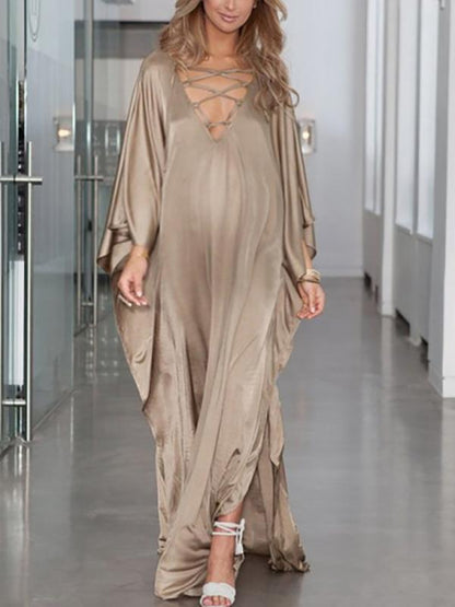 Solid Color Double Slit Flowy Floor Length Plunging Neckline Long Sleeve Maternity Maxi Dress