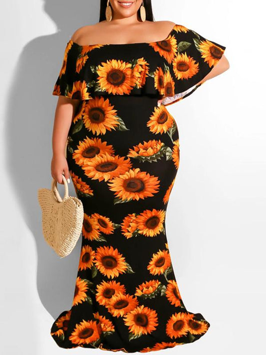 Seindeal Sunflowers Plus Size Maternity Dress Ruffle Off Shoulder Photoshot Maxi Dresses