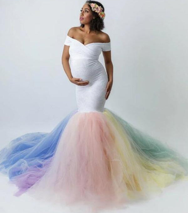 Seidneal Rainbow Tutu Maternity Dress for Baby Shower Off Shoulder Mermaid Gowns Gender Reveal Dresses