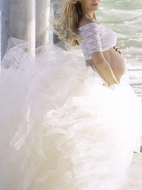 Seindeal Patchwork Grenadine Pleated Fluffy Puffy Tulle Long Tutu Skirt for Maternity Photoshoot