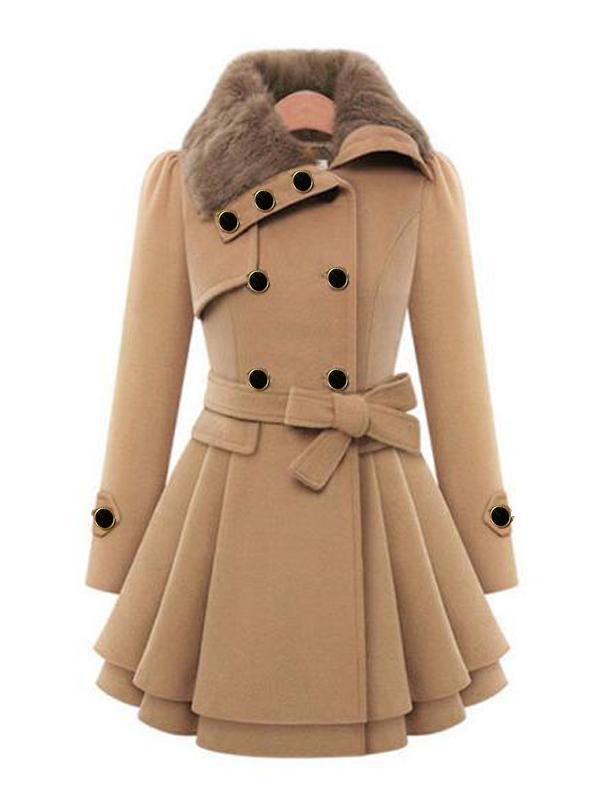 Double Breasted Faux Fur Turndown Collar Peplum Plus Size Wool Coat