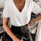 Solid Color Lace V Neck Short Sleeve Top Women Fashion T-Shirt