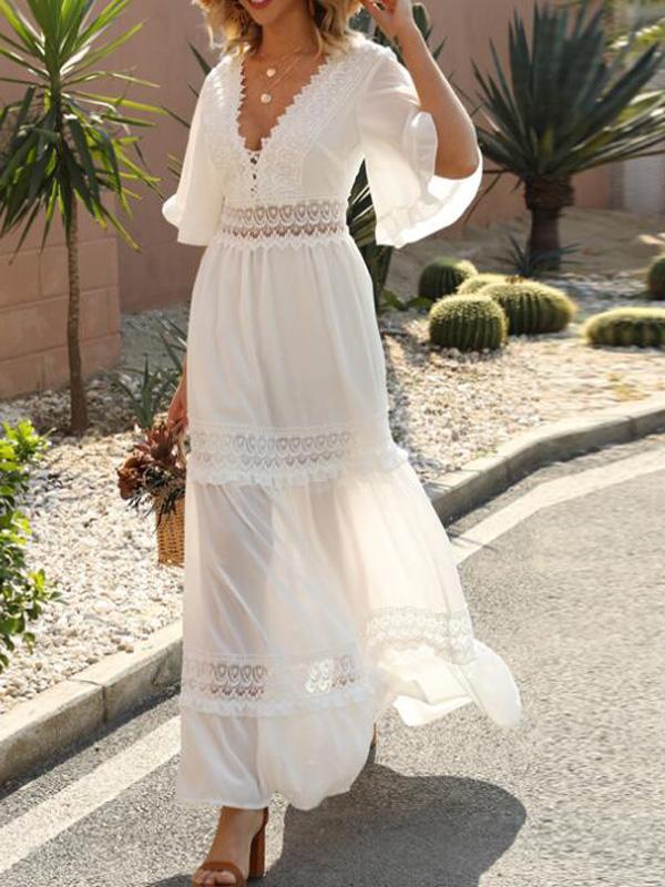 Patchwork Lace Deep V-neck Half Sleeve Bohemian Maternity Dress