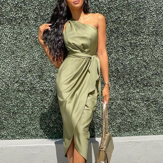 One Shoulder Belt Sleeveless Bodycon Side Slit Irregular Collar Midi Dress