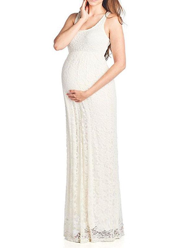 Seindeal White Lace Maternity Dress for Photoshoot Pleated Sleeveless Maxi Bridesmaid Dress